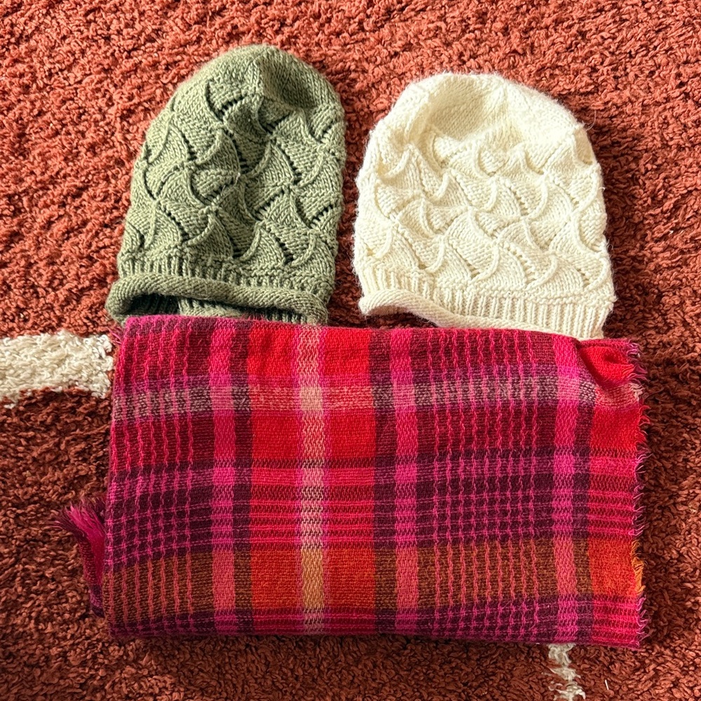 Cold Weather Knit Beanies and Plaid Scarf Set Bundle